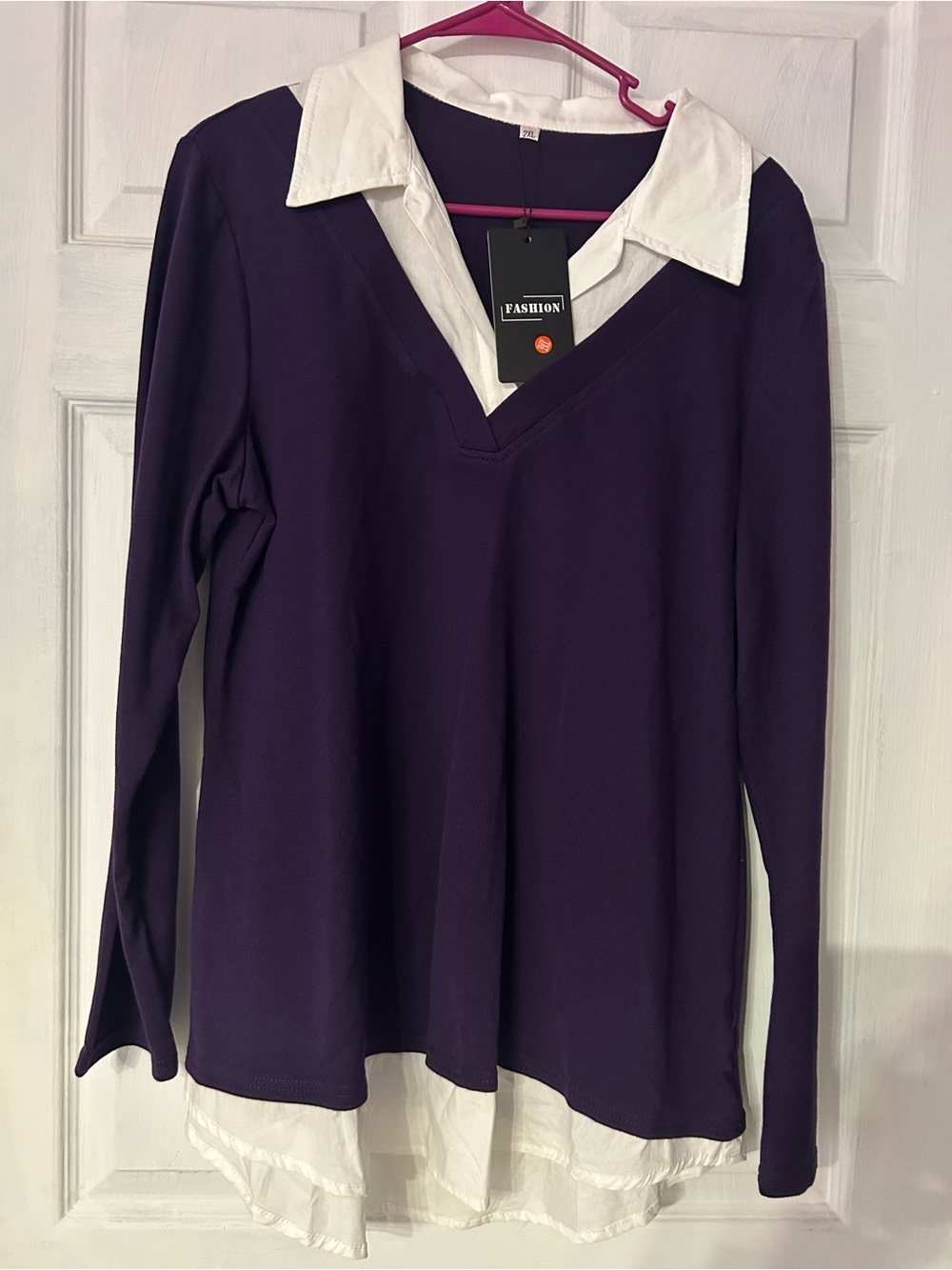 Purple Long-Sleeve Layered V-Neck Top with White Collared Detail